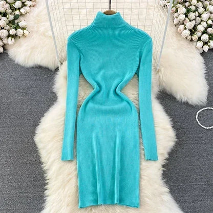 Elegant Turtleneck Long Sleeve Knit Bodycon Pencil Dress Slim Basic Fashion Sweater Vestido Sexy Women Autumn Winter Clothing