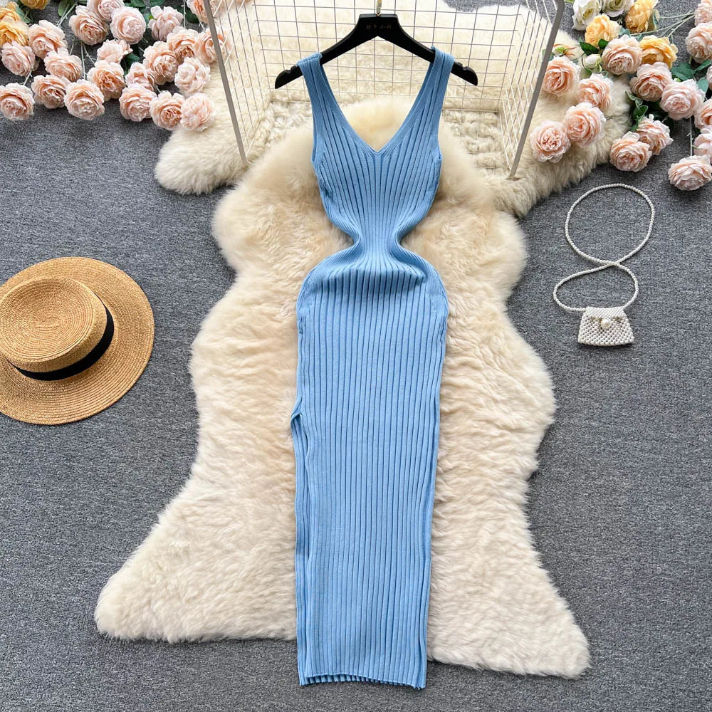 YuooMuoo Chic Fashion Sexy Wrap Hips Split Knitted Autumn Dress Women Slim Elastic Bodycon Long Dress Streetwear Outfits Vestido