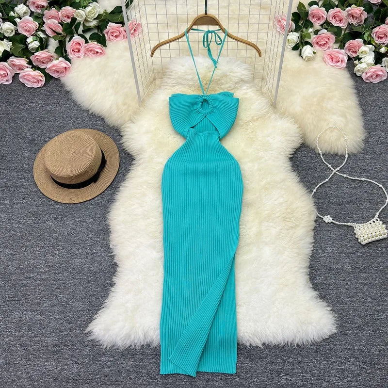 YuooMuoo Women Dress 2024 New Party Fashion Sexy Wrap Hips Halter Knitted Bodycon Dress Vacation Style Lady Beach Vestidos