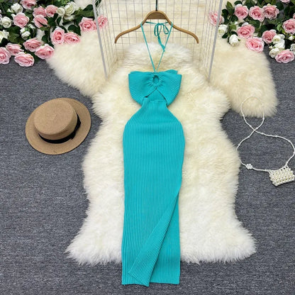 YuooMuoo Women Dress 2024 New Party Fashion Sexy Wrap Hips Halter Knitted Bodycon Dress Vacation Style Lady Beach Vestidos