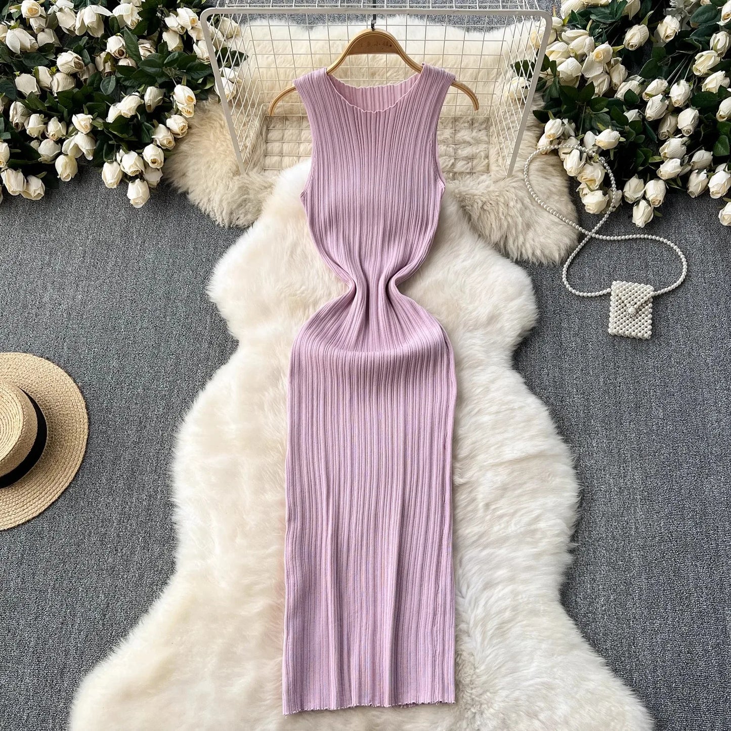 REALEFT Summer White Sleeveless Knitted Women's Dresses 2025 New O-neck Solid Elegant Straight Wrap Tank Dress Female