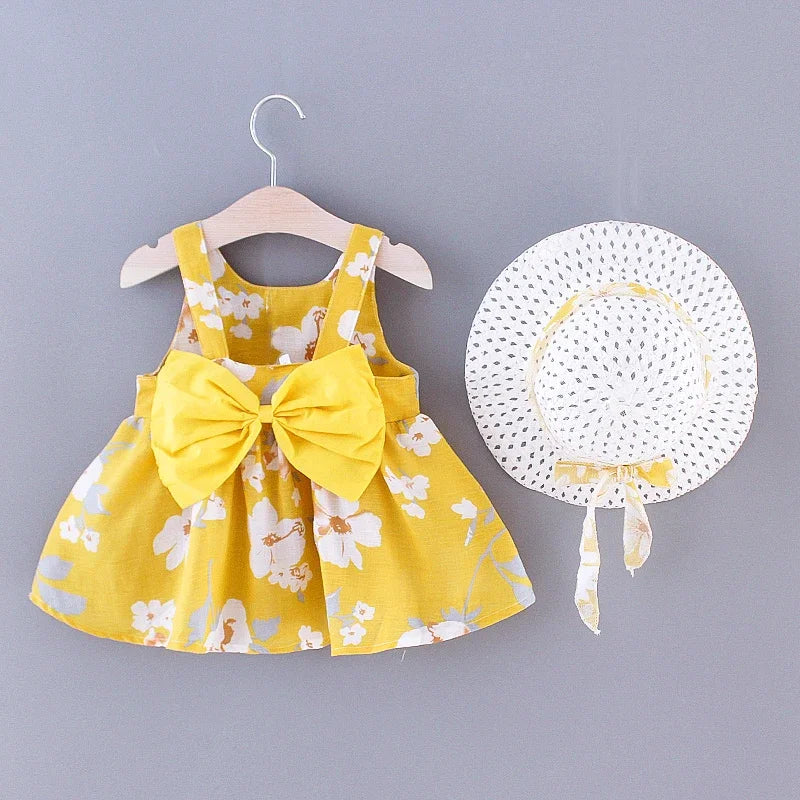 2PCS/SetsChildren's clothing girl's back sweet bow tie floral flowersmall daisy sleeveless dresshat as a gift