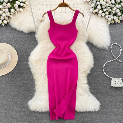 Sexy Sleeveless Bodycon Knit Split Slip Dress Chic Elastic Slim Fashion Party Sundress Women hotsweet Elegant Pencil Vestidos