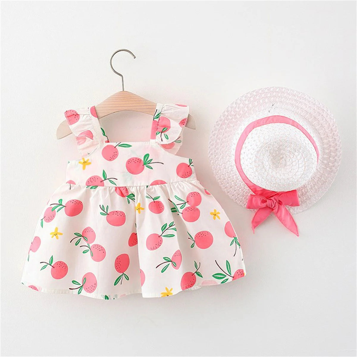 2Pcs/SetSummer girls dress children's clothing new small suspender bow orange print vest skirt with hat as a gift