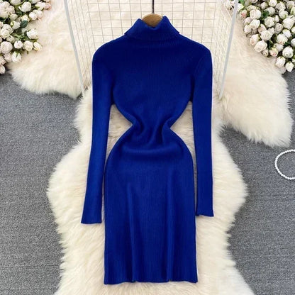 Elegant Turtleneck Long Sleeve Knit Bodycon Pencil Dress Slim Basic Fashion Sweater Vestido Sexy Women Autumn Winter Clothing