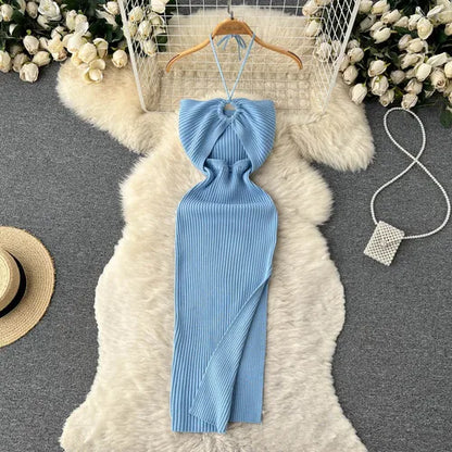 Halter Crochet Bodycone Dress Cut Out Sexy Split Dress Off Shoulder Backless Knit Beach Vestido Women Vacation Fashion Sundress