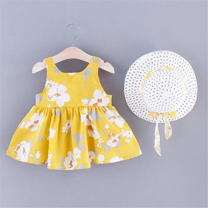 2PCS/SetsChildren's clothing girl's back sweet bow tie floral flowersmall daisy sleeveless dresshat as a gift