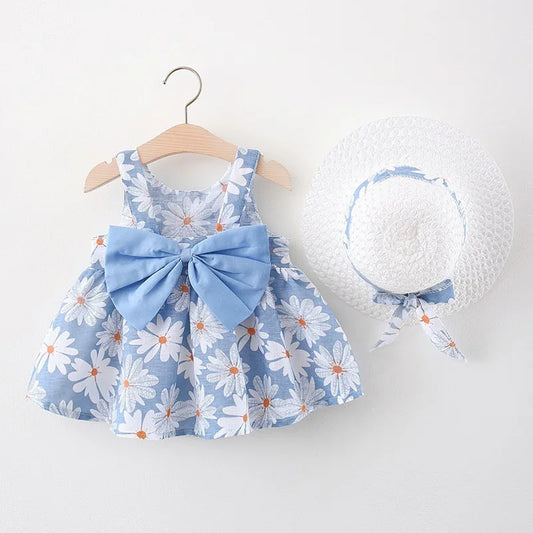 2Pcs/Set Daisy Dress For Girls Summer Sweet Bow Baby Beach Dresses Newborn Toddler Clothes 0 To 3 Years Old Children + Hat