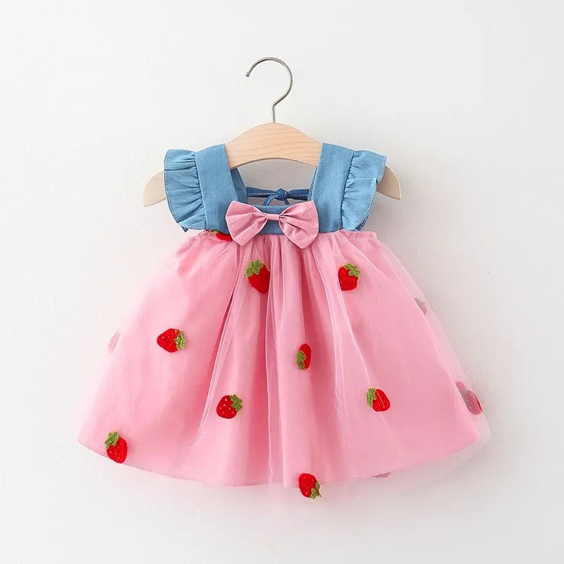 Summer Girls Dress Cute And Sweet Denim Mesh Strawberry Embroidered Princess Dress Party Dress