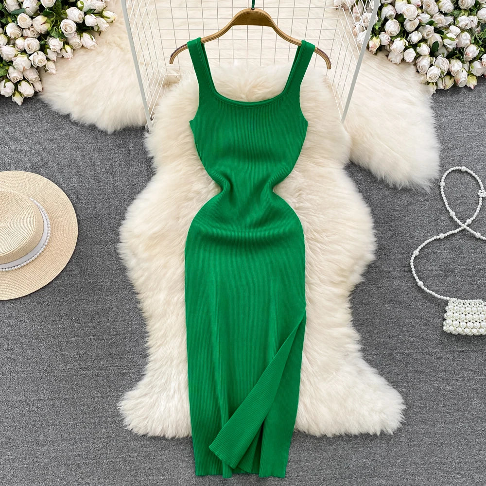 Sexy Sleeveless Bodycon Knit Split Slip Dress Chic Elastic Slim Fashion Party Sundress Women hotsweet Elegant Pencil Vestidos