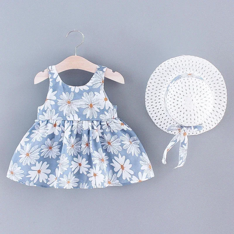 PatPat 2pcs Baby Girl All Over Daisy Floral Print Bowknot Sleeveless Tank Dress with Hat Set Soft and Comfortable