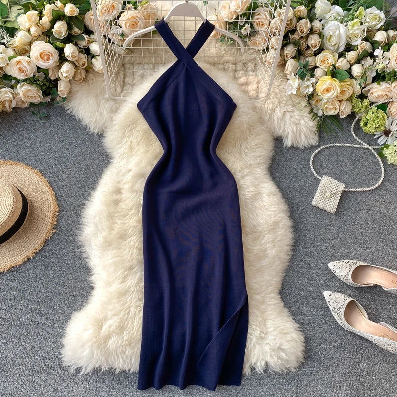 Sexy Halter Off Shoulder Knit Split Dress Chic Criss-cross Backless Beach Party Fashion Vestido Women Elastic Casual Robe Y2k