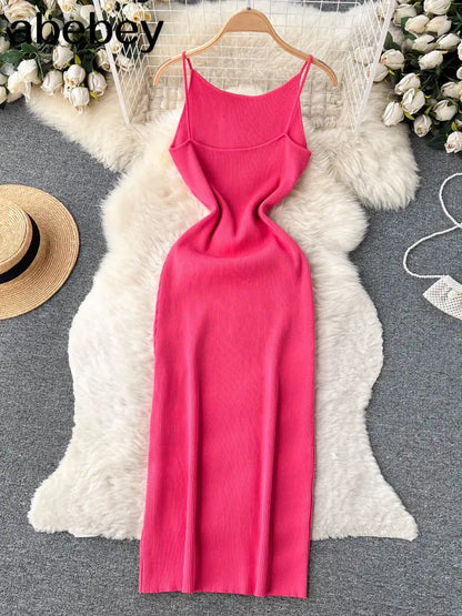 Summer Knit Sexy Strap Dress Women Tank Elatic Waist Bodycon Sundress Female Beach Split Backless Long Dress