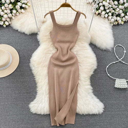 Sexy Sleeveless Bodycon Knit Split Slip Dress Chic Elastic Slim Fashion Party Sundress Women hotsweet Elegant Pencil Vestidos