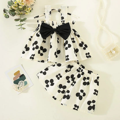 2Pcs/SetSummer girls set children's clothing bow and suspender top shorts sweet printed two-piece set