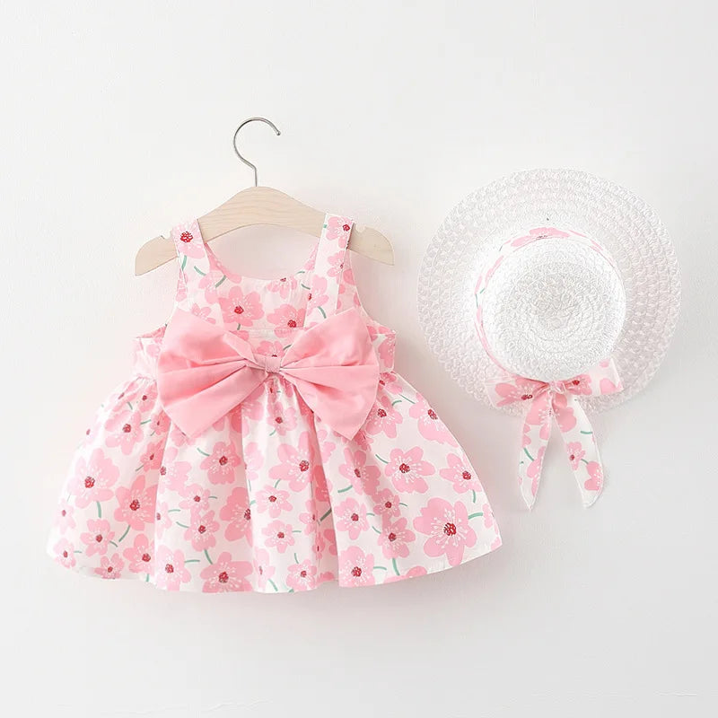 2024 Summer Baby Clothes Toddler Girl Dresses Korean Cute Bow Sleeveless Flowers Princess Dress+Sunhat Kids Clothing Set BC003