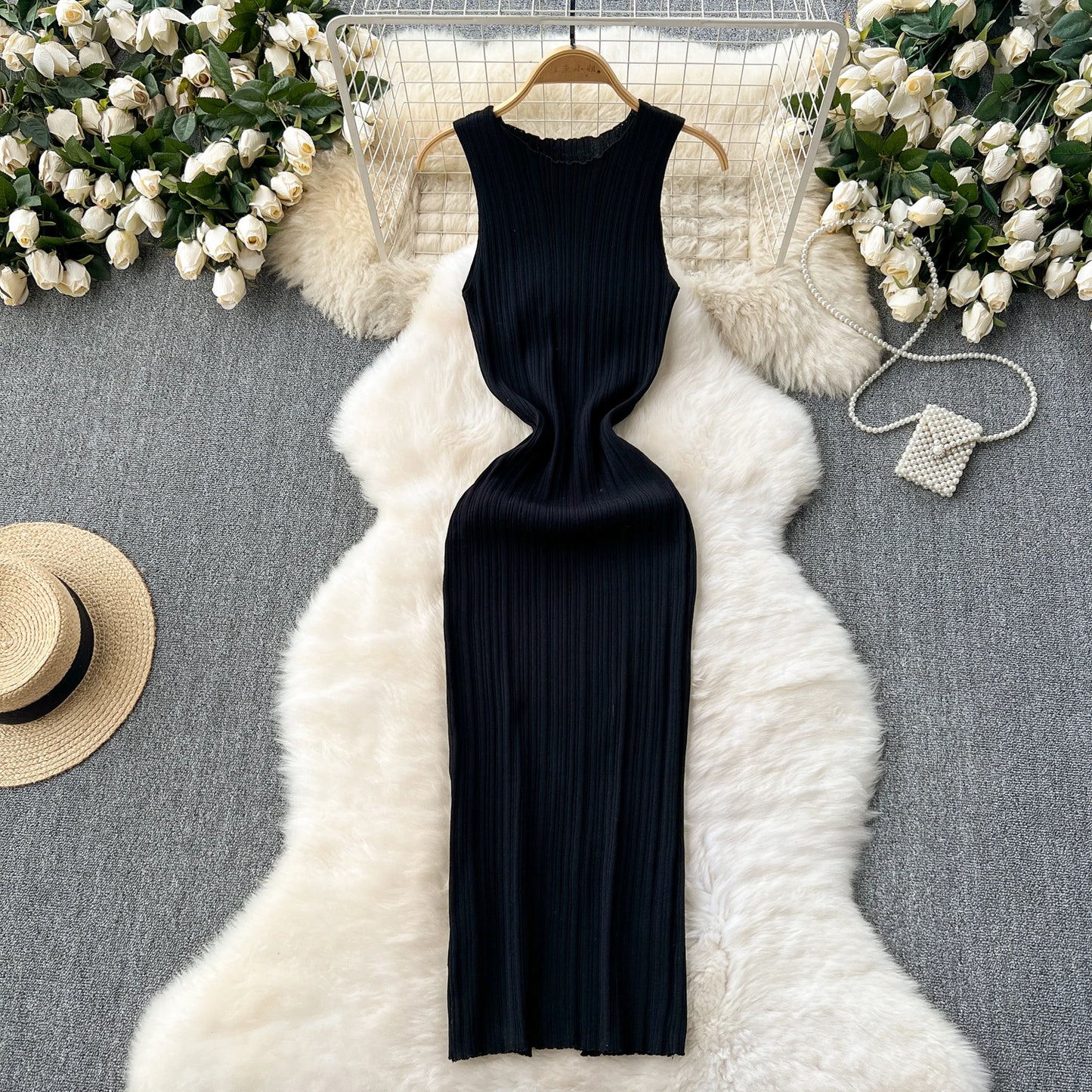 REALEFT Summer White Sleeveless Knitted Women's Dresses 2025 New O-neck Solid Elegant Straight Wrap Tank Dress Female