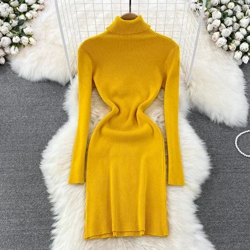 Elegant Turtleneck Long Sleeve Knit Bodycon Pencil Dress Slim Basic Fashion Sweater Vestido Sexy Women Autumn Winter Clothing