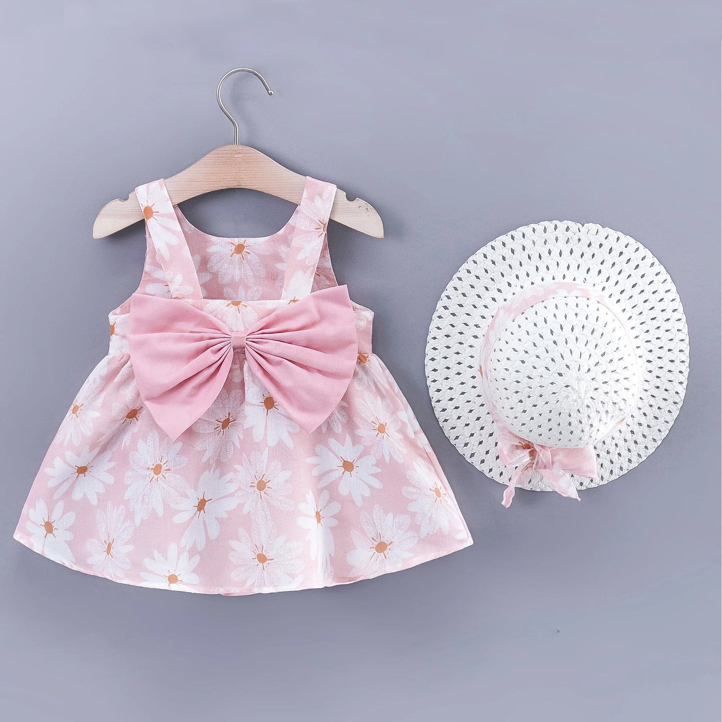 2pcs Baby Girls Sleeveless Daisy Print Back Big Bow Decor Beach Dress & Hat Set Kids Summer Clothes