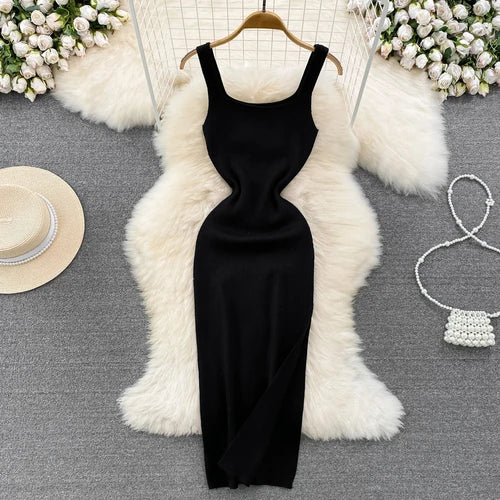 Sexy Sleeveless Bodycon Knit Split Slip Dress Chic Elastic Slim Fashion Party Sundress Women hotsweet Elegant Pencil Vestidos