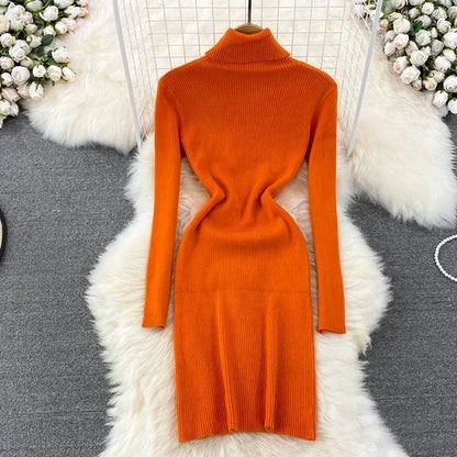 Elegant Turtleneck Long Sleeve Knit Bodycon Pencil Dress Slim Basic Fashion Sweater Vestido Sexy Women Autumn Winter Clothing