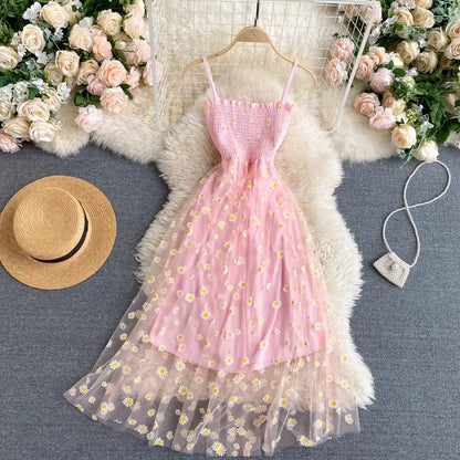 YuooMuoo Women Dress 2025 New Korean Fashion Floral Print Spaghetti Straps Mesh Party Dress Vacation Style Lady Beach Vestidos