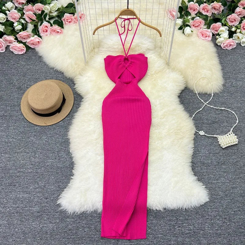 YuooMuoo Women Dress 2024 New Party Fashion Sexy Wrap Hips Halter Knitted Bodycon Dress Vacation Style Lady Beach Vestidos