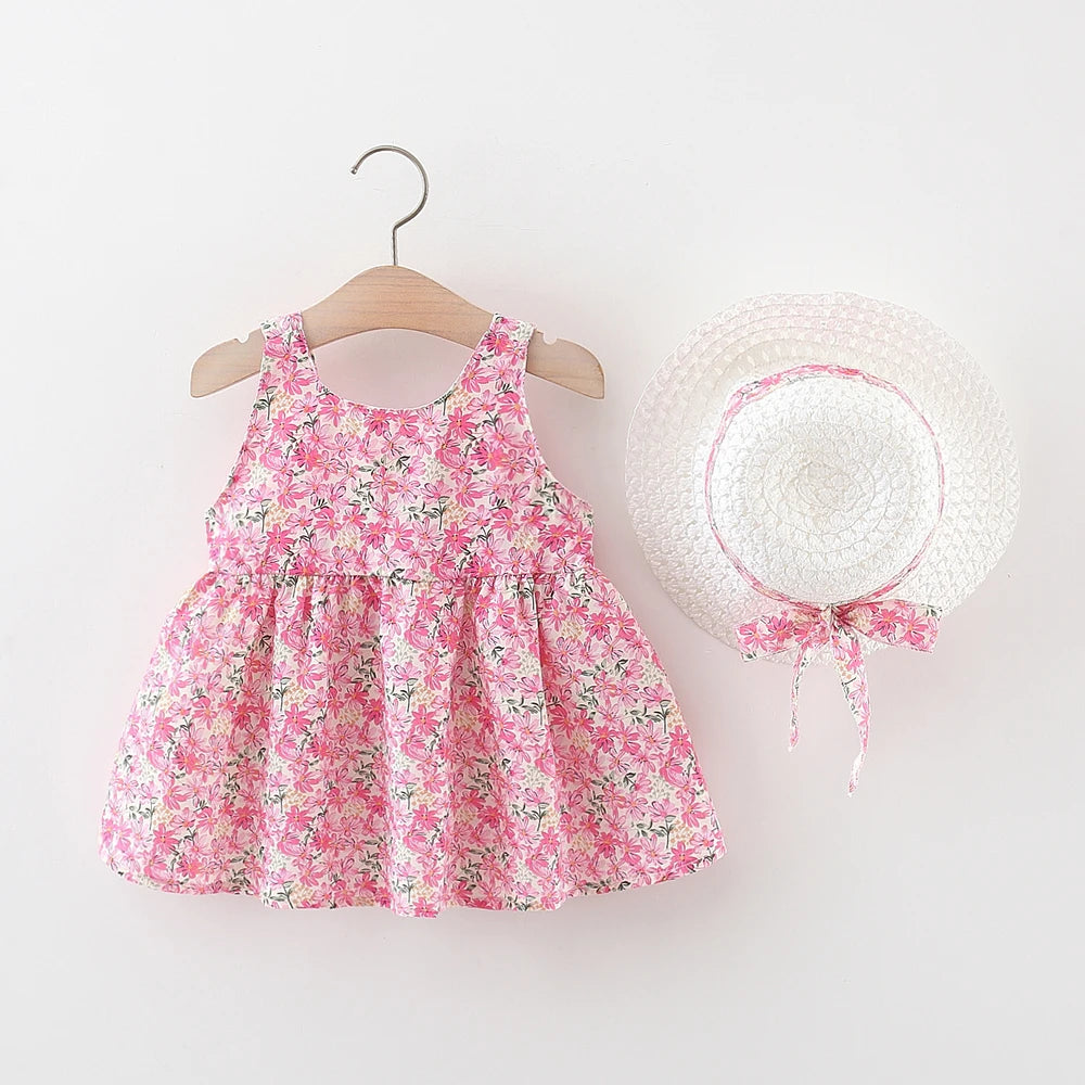 2Pieces Set Baby Outfit Baby Girl Sleeves Flower Printed Kids Princess Dress Summer Sling Bow Dress Send Sunhat