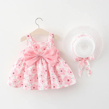 New Summer Girl Dress Sweet Sleeveless Small Flower Print Big Bow Cotton Cloth Dress Set of 2 Suitable for 0-3 Years Old