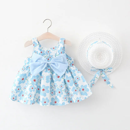 2024 Summer Baby Clothes Toddler Girl Dresses Korean Cute Bow Sleeveless Flowers Princess Dress+Sunhat Kids Clothing Set BC003