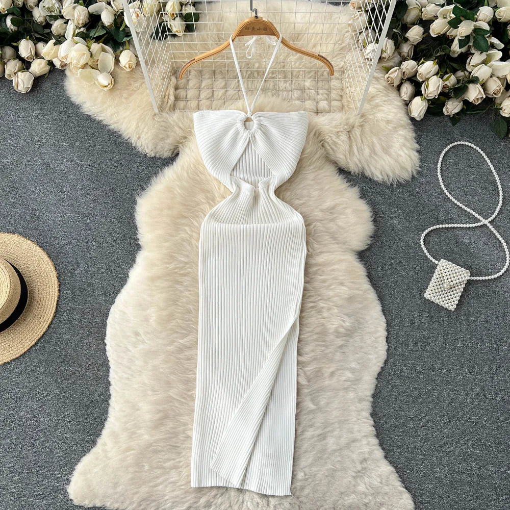 Halter Crochet Bodycone Dress Cut Out Sexy Split Dress Off Shoulder Backless Knit Beach Vestido Women Vacation Fashion Sundress