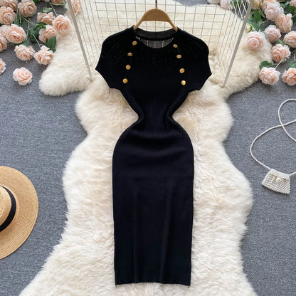 Women Knitted Pencil Dress o Neck Short Sleeve Elastic Slim Sheath Dresses Summer Korean Chic Streetwear Short Dress