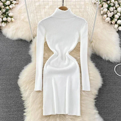 Elegant Turtleneck Long Sleeve Knit Bodycon Pencil Dress Slim Basic Fashion Sweater Vestido Sexy Women Autumn Winter Clothing