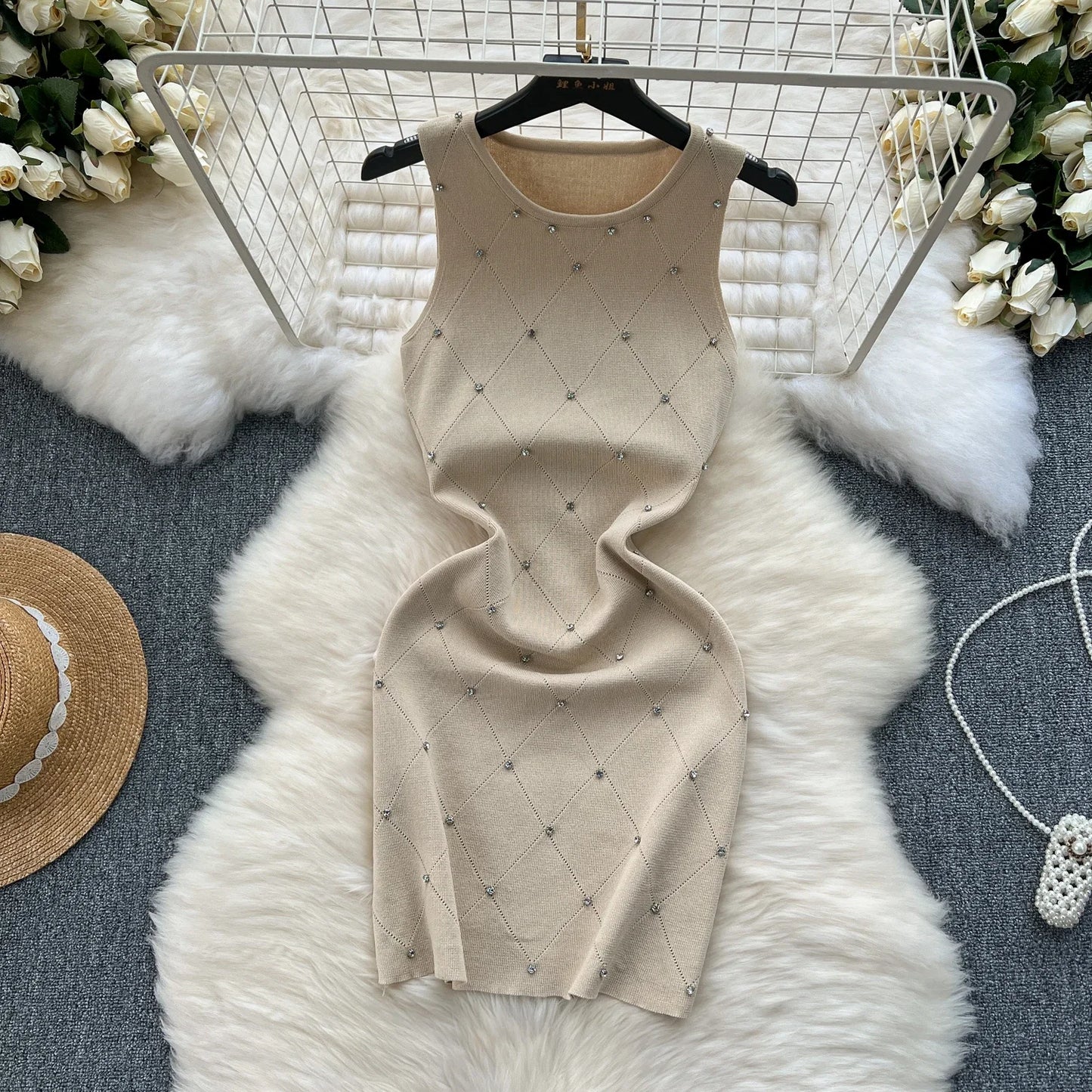 Beading  Summer Women's Knitting Sheath Tank Dress Female Bodycon Knitted Camisole Sleeveless Mini Dresses For Woman Outfits