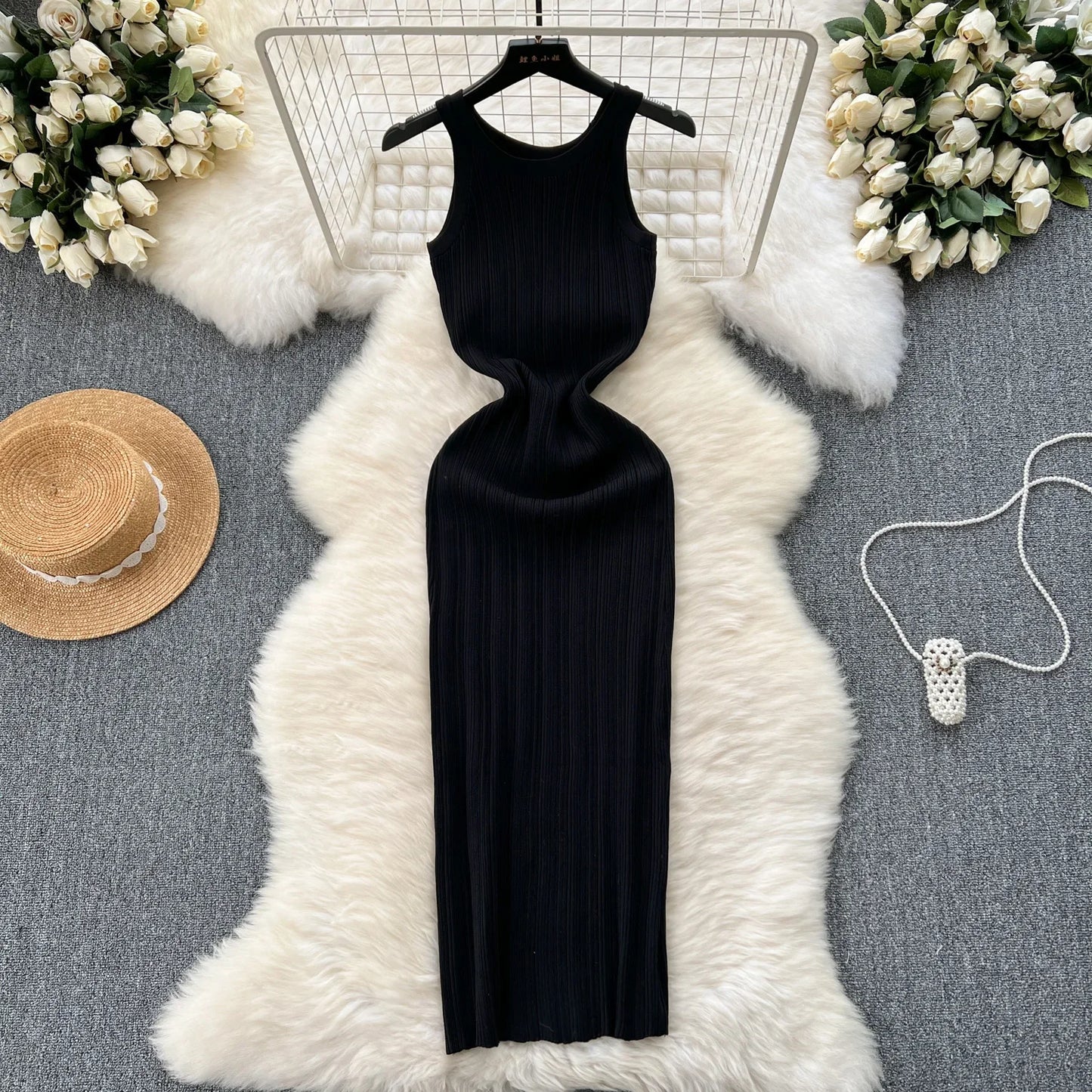 Elegant Elastic Halter Dress for Women's Summer New Sleeveless Slim fit Knitted Maxi Long Dresses Party Vestidos Sundress Solid