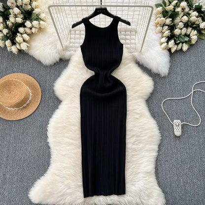 Elegant Elastic Halter Dress for Women's Summer New Sleeveless Slim fit Knitted Maxi Long Dresses Party Vestidos Sundress Solid