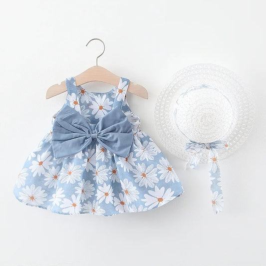 2024 Summer Baby Girls Beach Dresses Casual Fashion Print Cute Bow Flower Princess Dress+Hat Newborn Clothes Infant Clothing Set