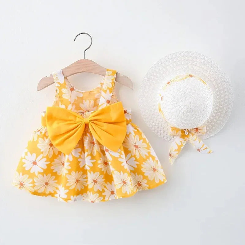 2 PCS Summer New Girl Dress Small Chrysanthemum Hanging Strap Big Bow Princess Dress Party Dress 0-3 Years Old