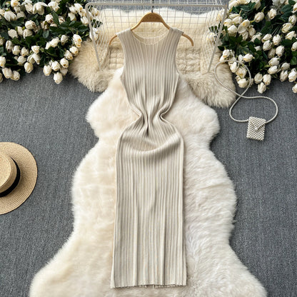 REALEFT Summer White Sleeveless Knitted Women's Dresses 2025 New O-neck Solid Elegant Straight Wrap Tank Dress Female