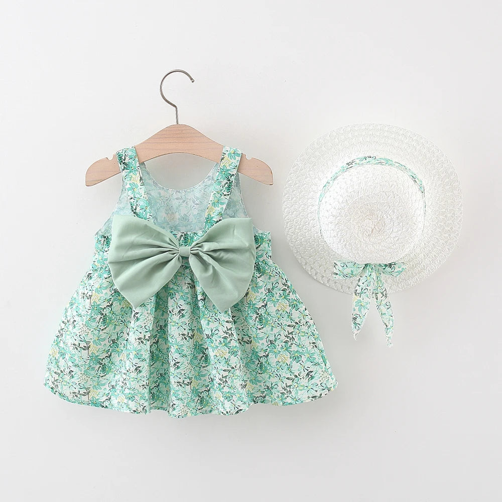 2Pieces Set Baby Outfit Baby Girl Sleeves Flower Printed Kids Princess Dress Summer Sling Bow Dress Send Sunhat