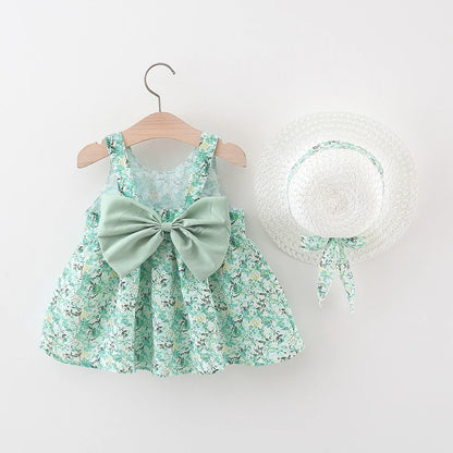 2Pieces Set Baby Outfit Baby Girl Sleeves Flower Printed Kids Princess Dress Summer Sling Bow Dress Send Sunhat