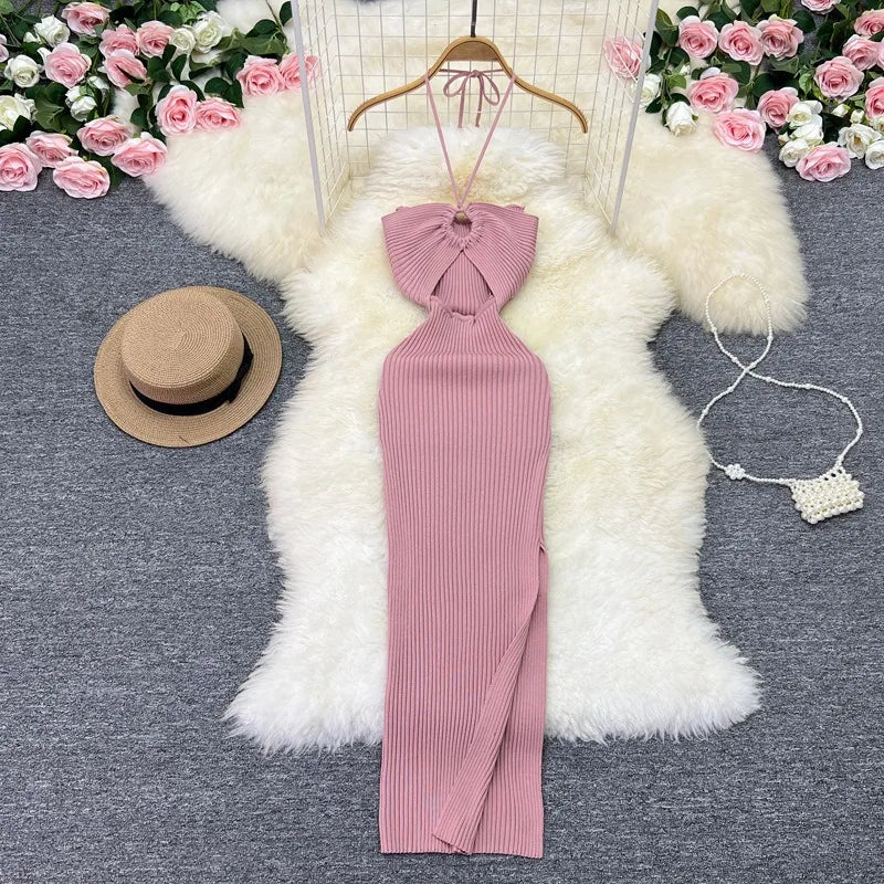 YuooMuoo Women Dress 2024 New Party Fashion Sexy Wrap Hips Halter Knitted Bodycon Dress Vacation Style Lady Beach Vestidos