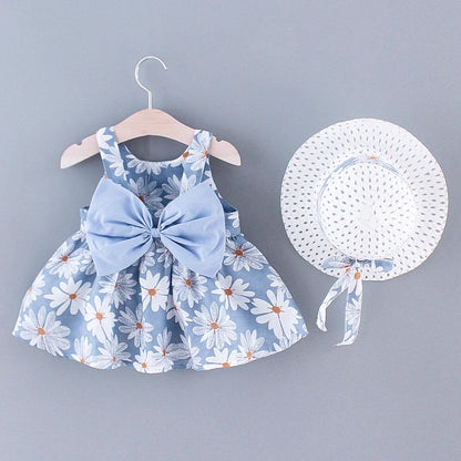 Children's Summer 2/piece Girl Baby Sleeveless Daisy Print Back Big Bow Decoration Beach Dress and Hat Set