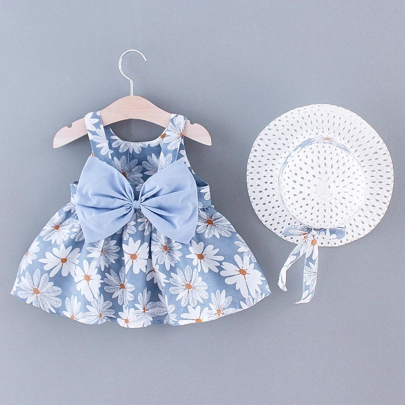 2pcs Baby Girls Sleeveless Daisy Print Back Big Bow Decor Beach Dress & Hat Set Kids Summer Clothes