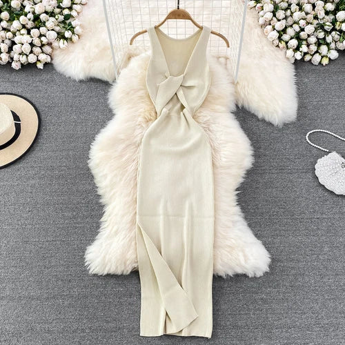 Sleeveless Hollow Split Wrap Dress Midi Sexy Fashion Elastic Tight Party Elegant Vestidos Chic Beach Vacation Summer Women Dress