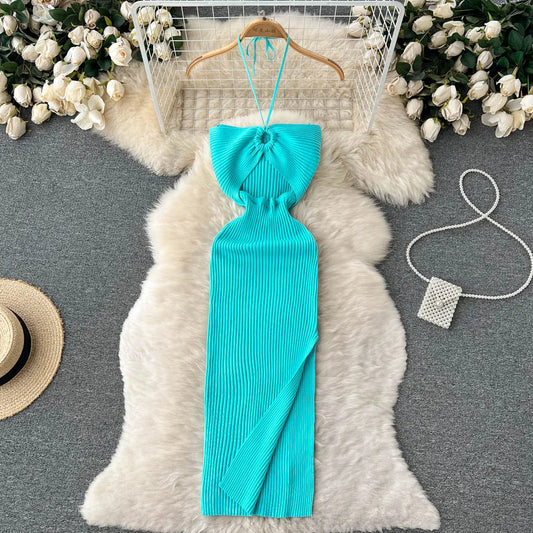 Halter Crochet Bodycone Dress Cut Out Sexy Split Dress Off Shoulder Backless Knit Beach Vestido Women Vacation Fashion Sundress