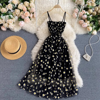 YuooMuoo Women Dress 2025 New Korean Fashion Floral Print Spaghetti Straps Mesh Party Dress Vacation Style Lady Beach Vestidos