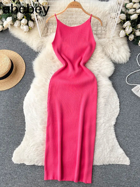 Summer Knit Sexy Strap Dress Women Tank Elatic Waist Bodycon Sundress Female Beach Split Backless Long Dress