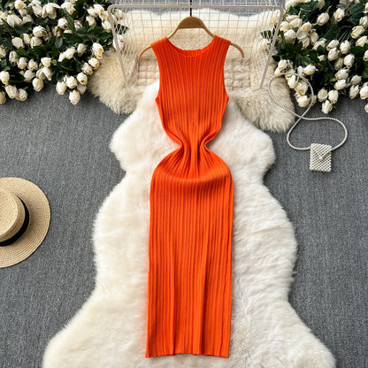 REALEFT Summer White Sleeveless Knitted Women's Dresses 2025 New O-neck Solid Elegant Straight Wrap Tank Dress Female