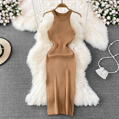 Knitted Bodycon Dress Woman Knit Maxi Dresses for Women Sleeveless Elastic Damska Sexy Hollow Out Cut Out Long Dress Outfits